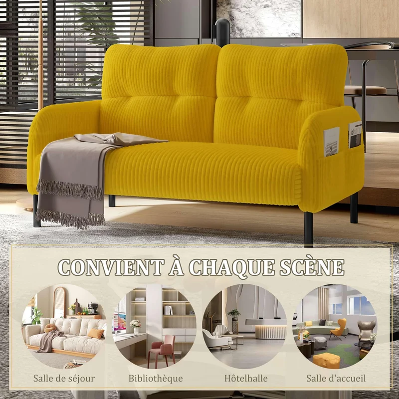 KOMHTOM Petit Canapé 2 Places en Velours Côtelé avec Dossier Haut Confortable, 4 Poches et Pieds en Métal - Canapé d'angle Moderne pour Salon, Chambre à Coucher et Bureau (Jaune-2)