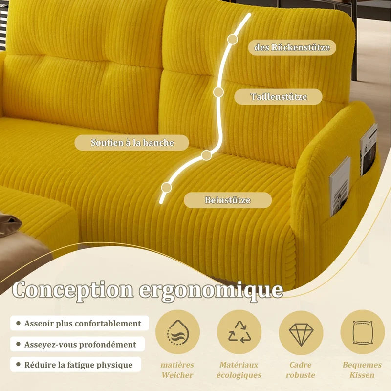 KOMHTOM Petit Canapé 2 Places en Velours Côtelé avec Dossier Haut Confortable, 4 Poches et Pieds en Métal - Canapé d'angle Moderne pour Salon, Chambre à Coucher et Bureau (Jaune-2)
