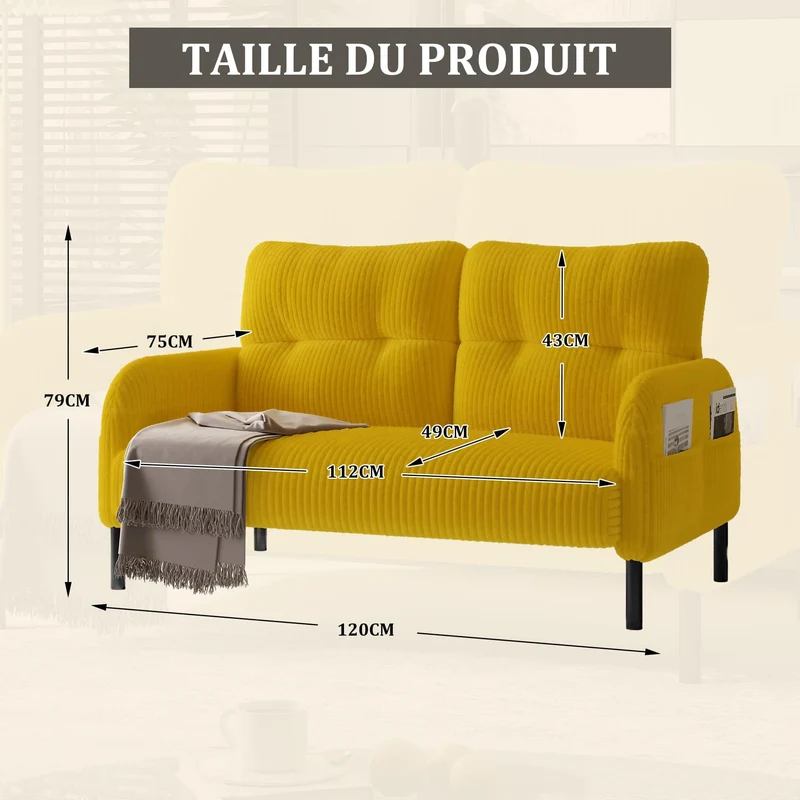 KOMHTOM Petit Canapé 2 Places en Velours Côtelé avec Dossier Haut Confortable, 4 Poches et Pieds en Métal - Canapé d'angle Moderne pour Salon, Chambre à Coucher et Bureau (Jaune-2)