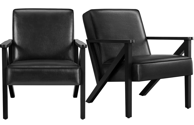 Yaheetech Fauteuil de Salon Lot de 2 en Similicuir Fauteuil d’appoint avec Cadre en Bois Pieds et Accoudoirs en Forme de Z Siège de Bureau Chambre Réception Noir