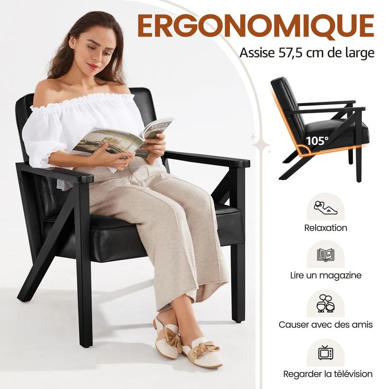 Yaheetech Fauteuil de Salon Lot de 2 en Similicuir Fauteuil d’appoint avec Cadre en Bois Pieds et Accoudoirs en Forme de Z Siège de Bureau Chambre Réception Noir