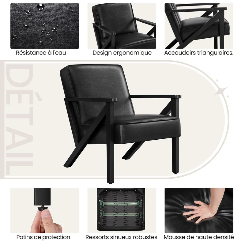 Yaheetech Fauteuil de Salon Lot de 2 en Similicuir Fauteuil d’appoint avec Cadre en Bois Pieds et Accoudoirs en Forme de Z Siège de Bureau Chambre Réception Noir