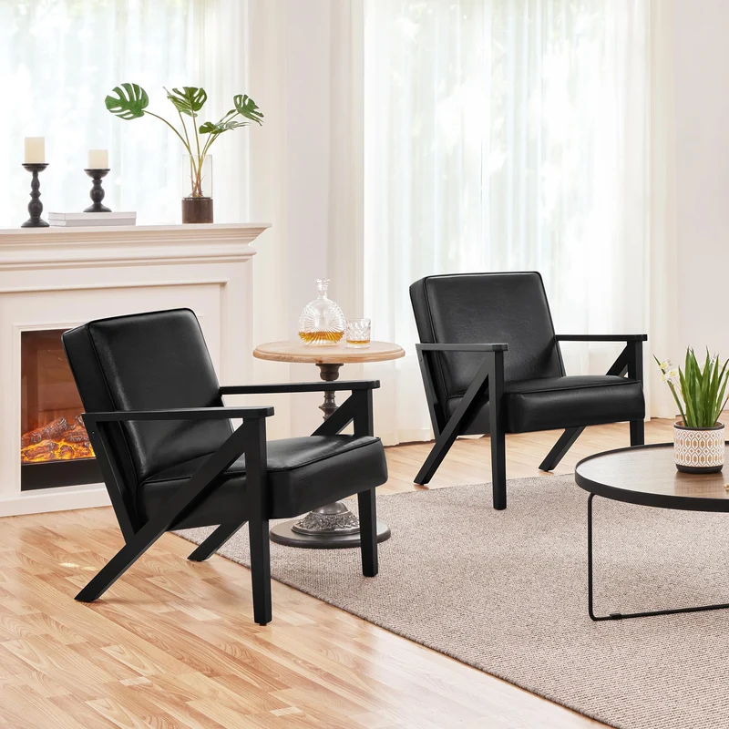 Yaheetech Fauteuil de Salon Lot de 2 en Similicuir Fauteuil d’appoint avec Cadre en Bois Pieds et Accoudoirs en Forme de Z Siège de Bureau Chambre Réception Noir