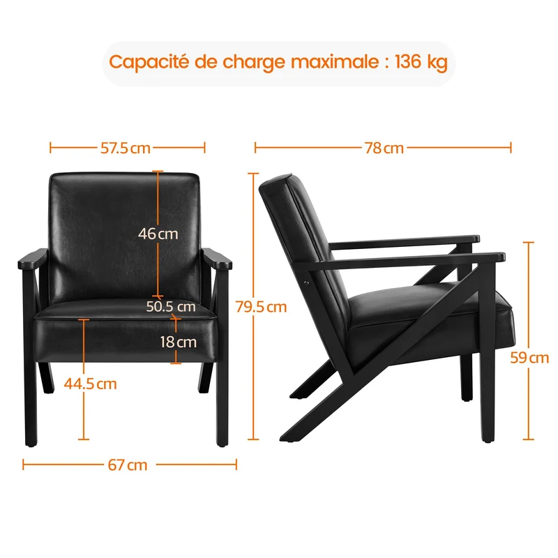 Yaheetech Fauteuil de Salon Lot de 2 en Similicuir Fauteuil d’appoint avec Cadre en Bois Pieds et Accoudoirs en Forme de Z Siège de Bureau Chambre Réception Noir