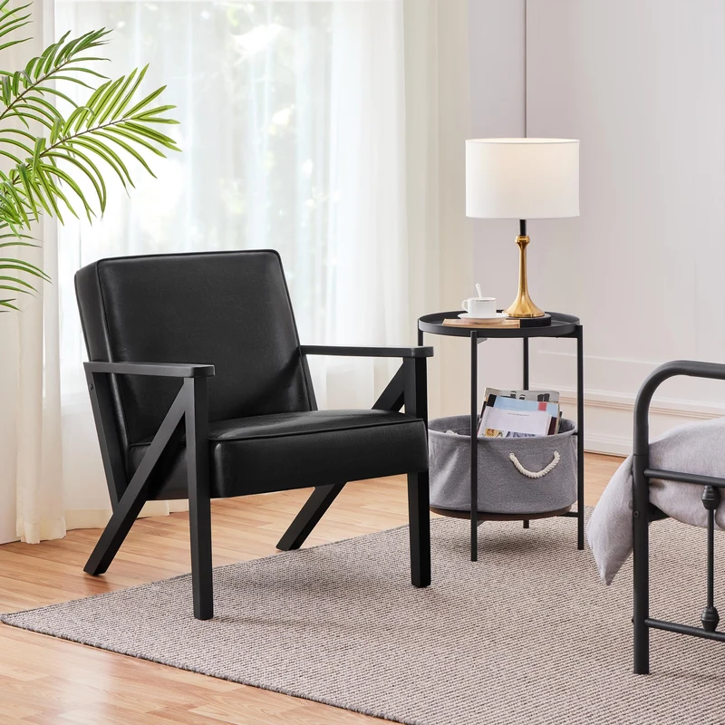 Yaheetech Fauteuil de Salon Lot de 2 en Similicuir Fauteuil d’appoint avec Cadre en Bois Pieds et Accoudoirs en Forme de Z Siège de Bureau Chambre Réception Noir