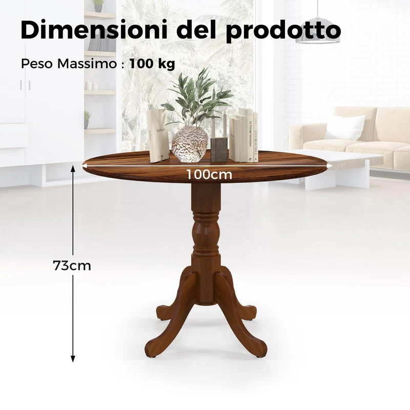 LIFEZEAL Table de Salle à Manger Ronde pour 4 Personnes, en Bois d'hévéa avec Base sur Socle, Meubles de Salon de 100 cm, pour Salle à Manger, Salon et Bureau, Charge 100 kg (Marron)