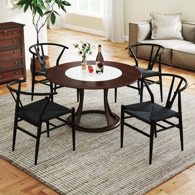 COSTWAY Chaise Wishbone Style Scandinave, Chaises avec Cadre en Métal, Dossier en Y, Assise Tressée, Chaise Design pour Salle à Manger, Salon, Bureau (Noir,2)