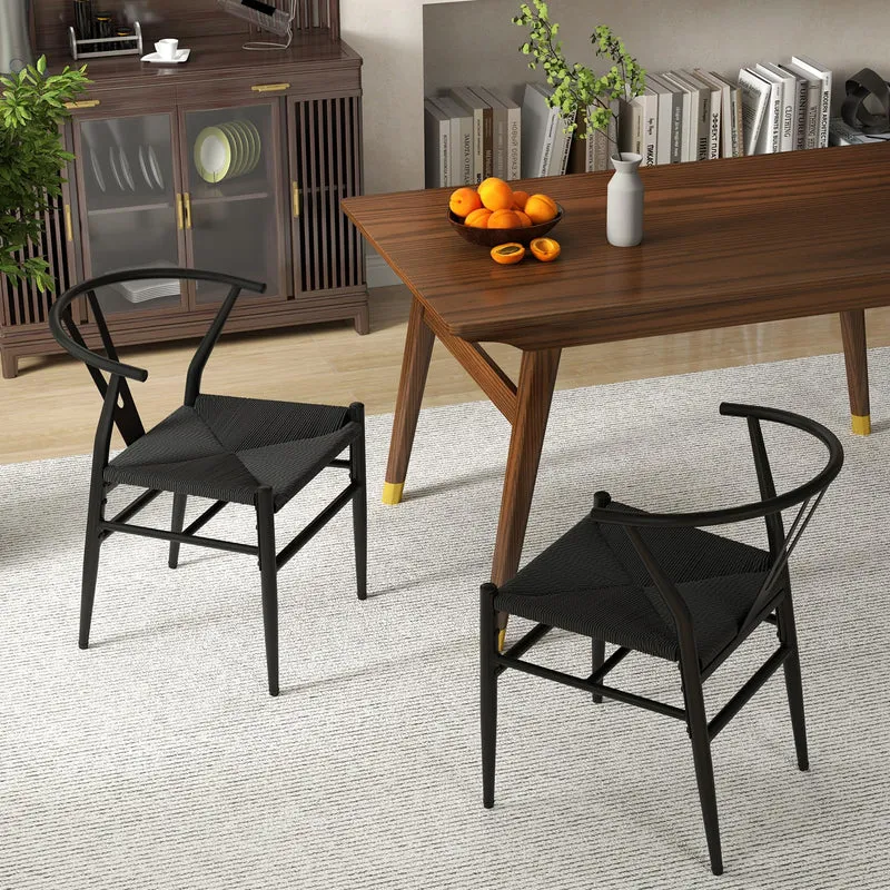 COSTWAY Chaise Wishbone Style Scandinave, Chaises avec Cadre en Métal, Dossier en Y, Assise Tressée, Chaise Design pour Salle à Manger, Salon, Bureau (Noir,2)