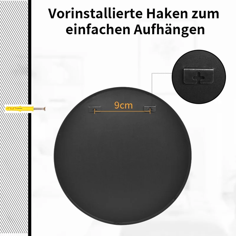 Koonmi Miroir Mural Rond Noir 60 cm avec Cadre en métal brossé pour Salle de Bain, lavabo, Salon, Chambre à Coucher, entrée Murale…