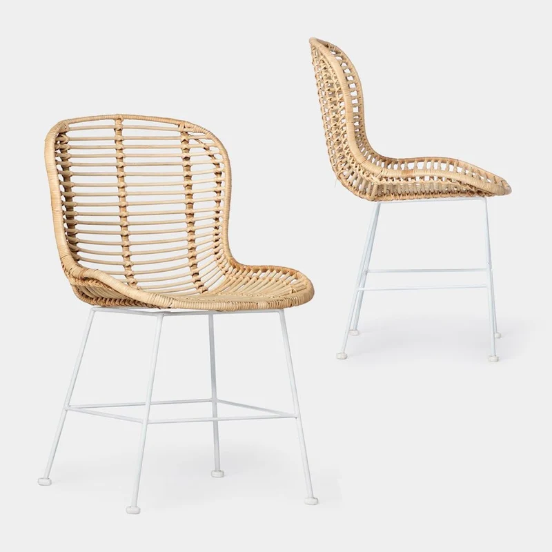 KLAST Lot de 2 Chaises de Salle à Manger en Rotin Naturel avec Pieds Blancs, Design Artisanal, Résistant et Durable, avec des Variations Uniques de Couleur