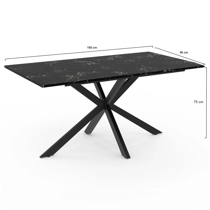 IDMarket - Table à Manger Rectangle Alix 8 Personnes Pied araignée Noir et Plateau Effet marbre Noir Alaska 160 cm