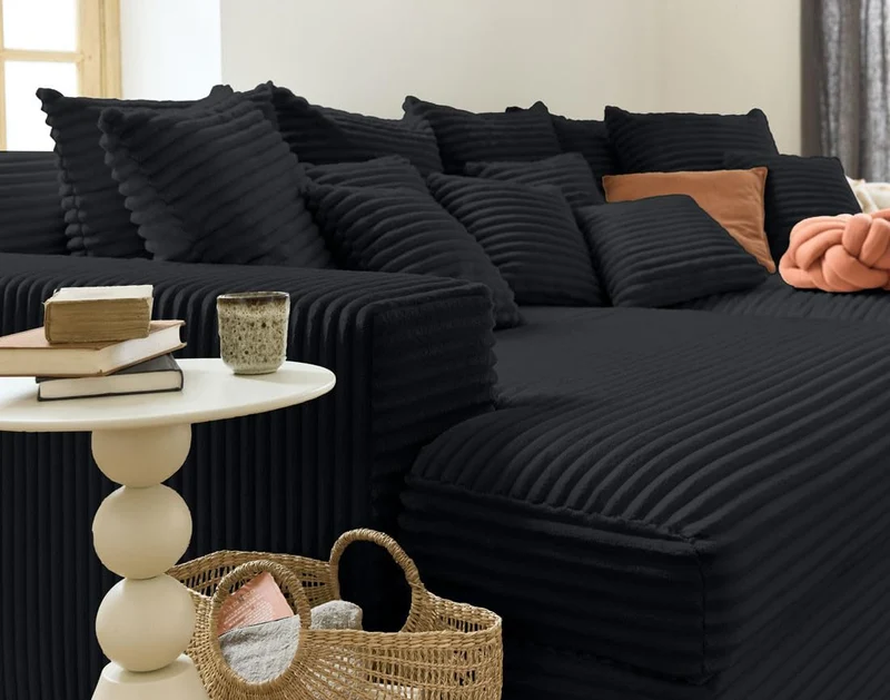 Lisa Design - Canapé Collins en Velours Côtelé - Sofa Noir 4 Places - Salon