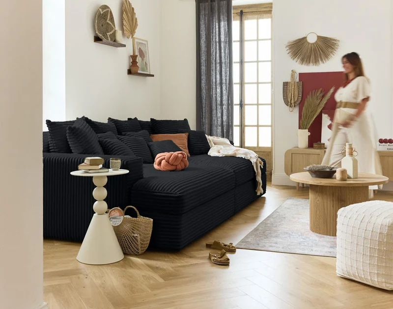 Lisa Design - Canapé Collins en Velours Côtelé - Sofa Noir 4 Places - Salon