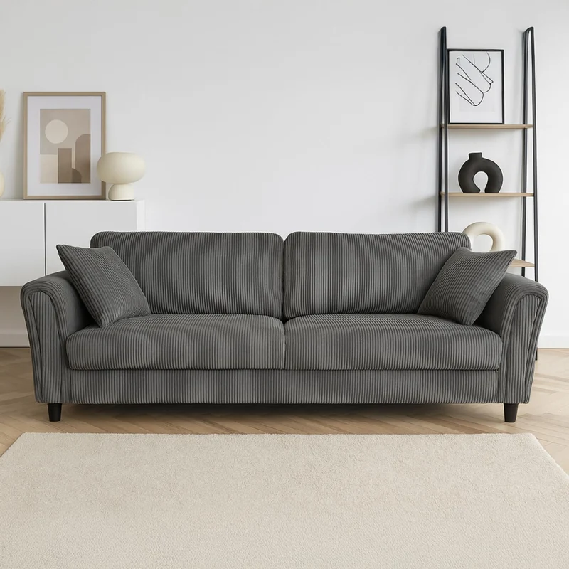 CONCEPT USINE | Canapé Droit 4 Places Lucerne Gris Foncé | Velours Côtelé Doux | Confort Ferme | Design Arrondi et Moderne | Structure Bois | 2 Coussins Inclus | 212 cm de Longueur
