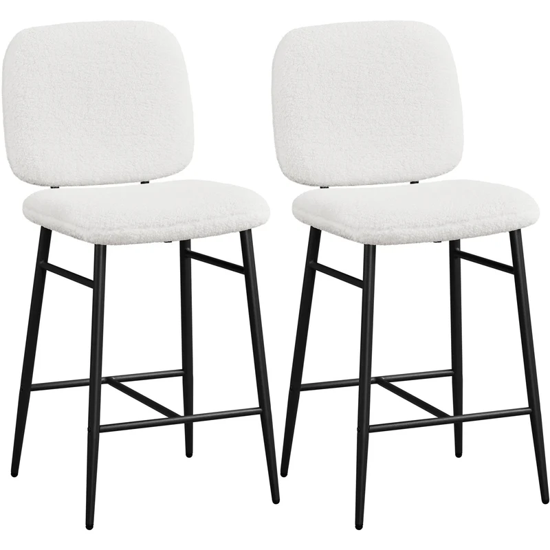 Yaheetech Lot de 2 Tabourets de Bar Rembourrés Siège en Tissu Bouclette Chaises de Bar Dossier Repose-Pied Tabourets Hauts de Cuisine à Quatre Pieds Métalliques pour Comptoir Salle à Manger Blanc