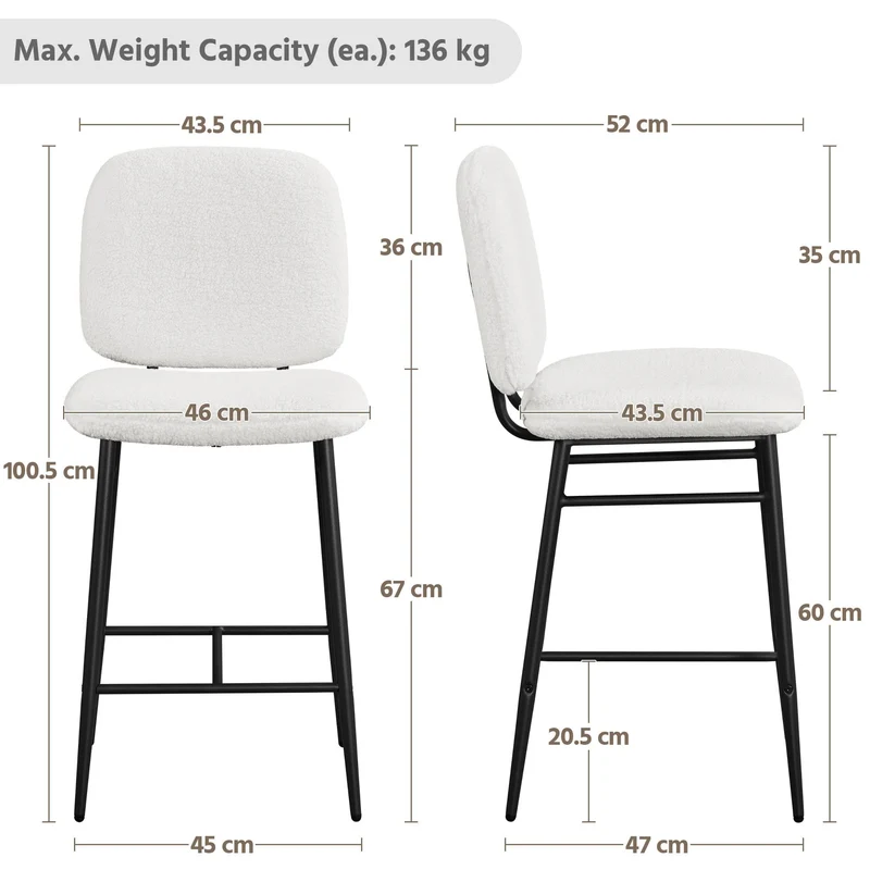 Yaheetech Lot de 2 Tabourets de Bar Rembourrés Siège en Tissu Bouclette Chaises de Bar Dossier Repose-Pied Tabourets Hauts de Cuisine à Quatre Pieds Métalliques pour Comptoir Salle à Manger Blanc