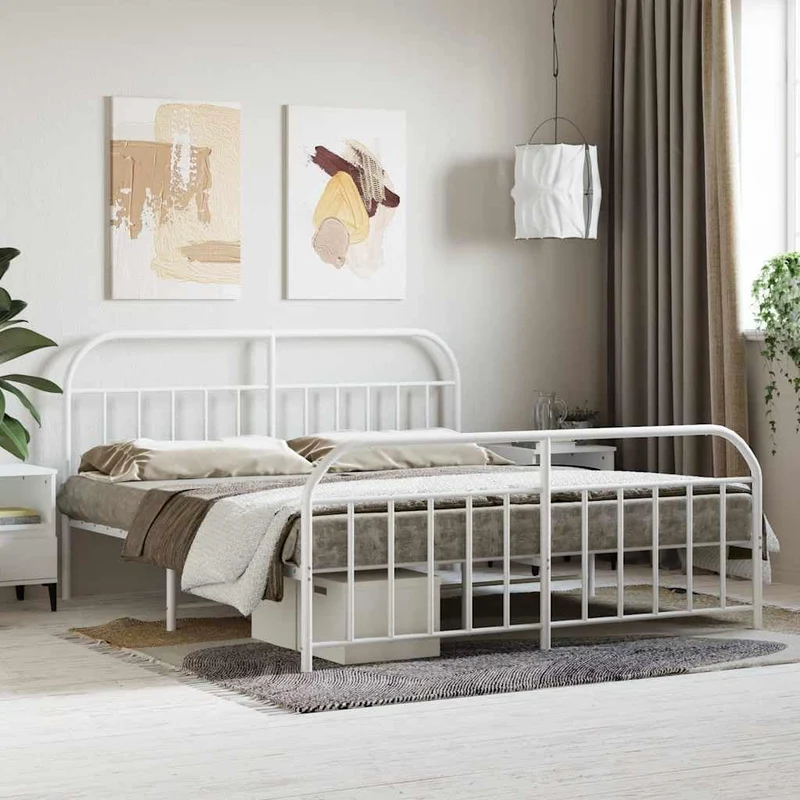 vidaXL Cadre de lit métal avec tête de lit/Pied de lit Blanc 160x200cm, lit Double, Meuble de Chambre à Coucher, lit d'invité, lit