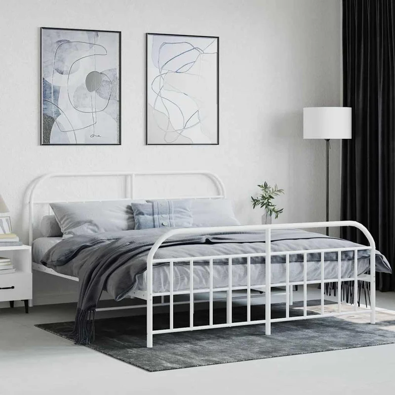 vidaXL Cadre de lit métal avec tête de lit/Pied de lit Blanc 160x200cm, lit Double, Meuble de Chambre à Coucher, lit d'invité, lit
