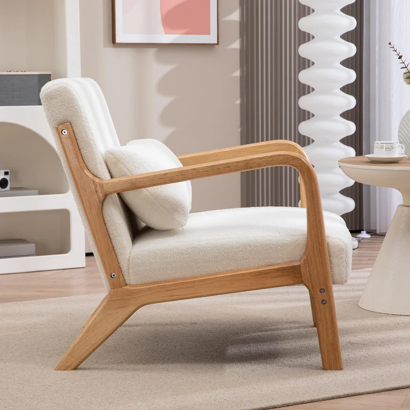 HOMCOM Fauteuil de Salon avec Cadre en Bois Massif Fauteuil Lounge - Assise Profonde - accoudoirs - Aspect Velours crème