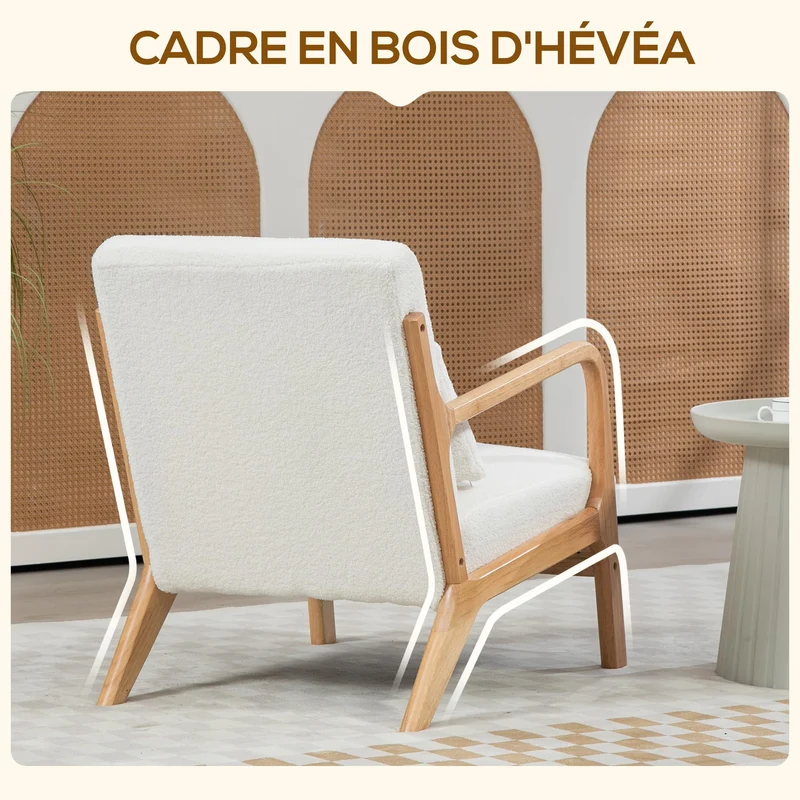 HOMCOM Fauteuil de Salon avec Cadre en Bois Massif Fauteuil Lounge - Assise Profonde - accoudoirs - Aspect Velours crème