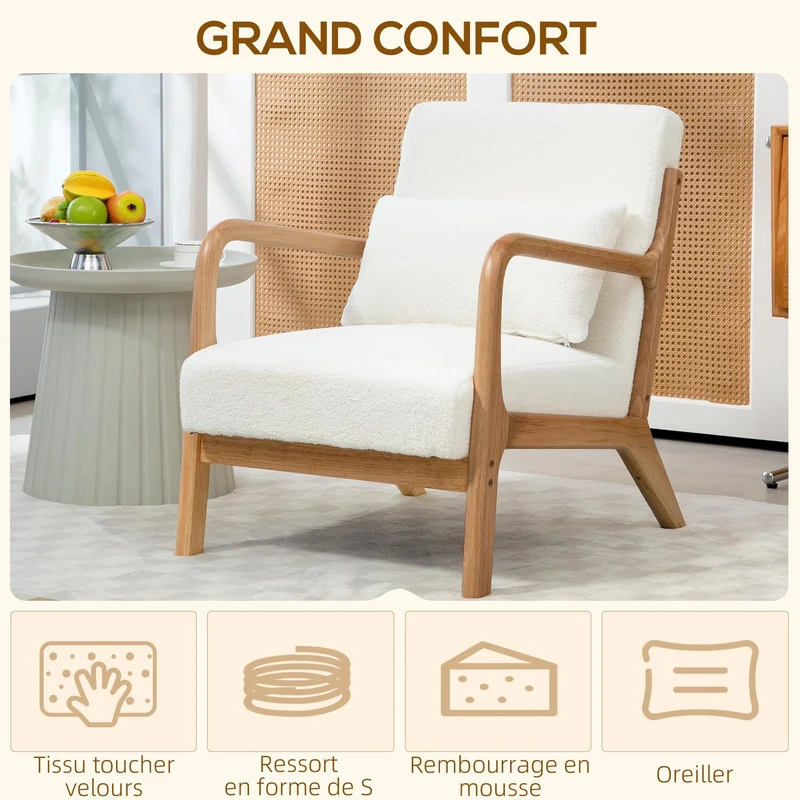 HOMCOM Fauteuil de Salon avec Cadre en Bois Massif Fauteuil Lounge - Assise Profonde - accoudoirs - Aspect Velours crème