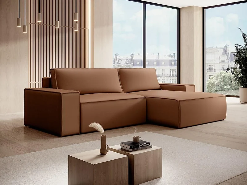 Vente-unique - Canapé d'angle Droit Convertible en Tissu Effet Cuir Marron Amelia
