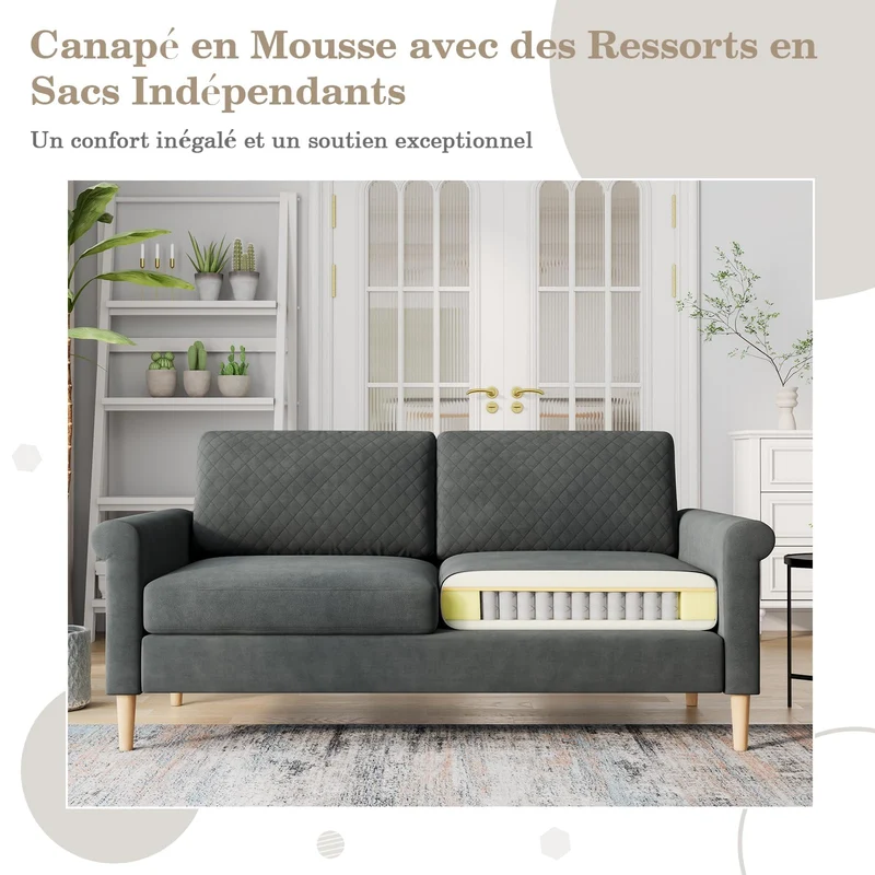 Vesgantti Canapé 2 Places en Tissu Velours Gris, 165cm Style Moderne Scandinave pour Salon, Appartement, Petit Espace, Pieds Bois Massif, 168x88x75