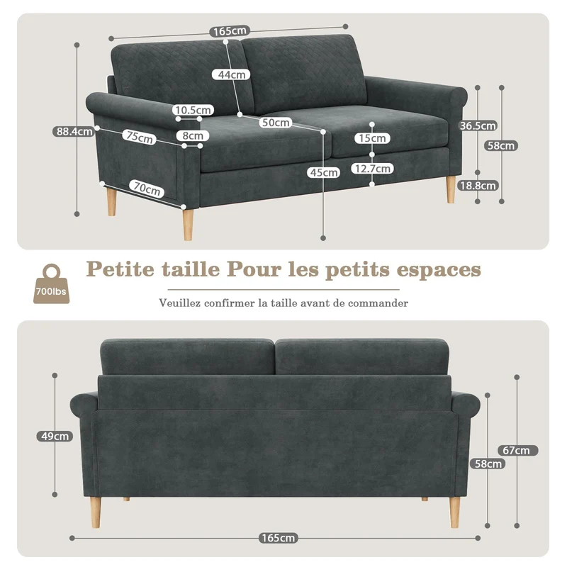 Vesgantti Canapé 2 Places en Tissu Velours Gris, 165cm Style Moderne Scandinave pour Salon, Appartement, Petit Espace, Pieds Bois Massif, 168x88x75