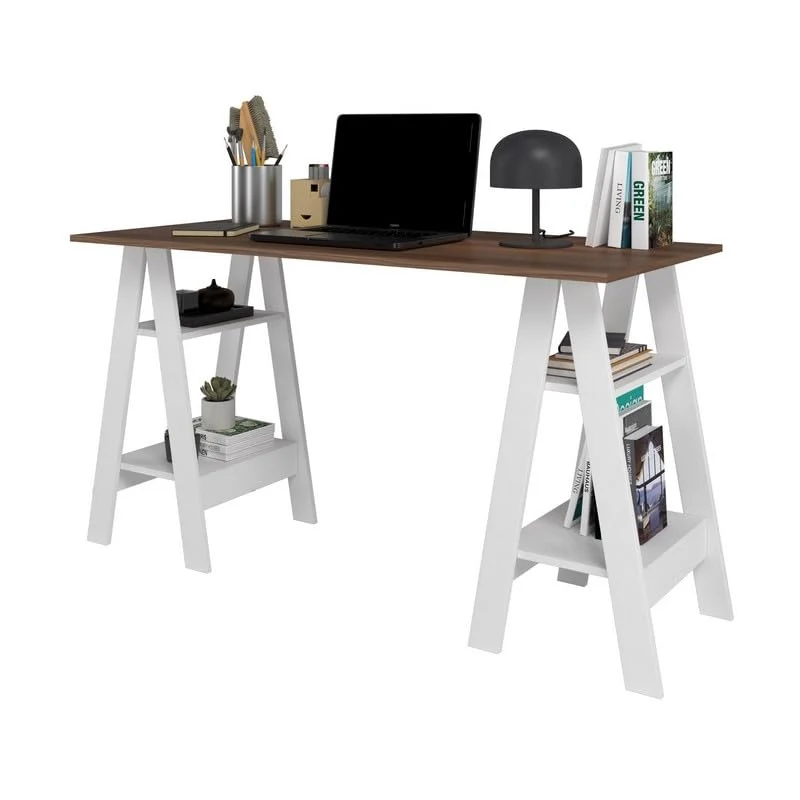 ACTUAL DIFFUSION Bureau 2 Tréteaux 4 Niches Blanc et Châtaignier L 135 H 75 P 60 cm