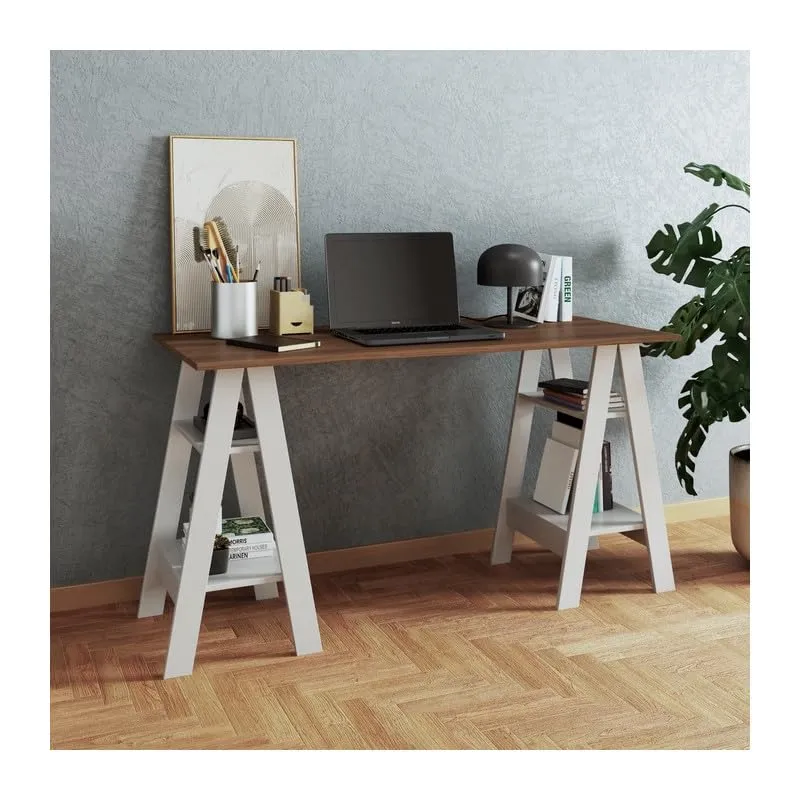 ACTUAL DIFFUSION Bureau 2 Tréteaux 4 Niches Blanc et Châtaignier L 135 H 75 P 60 cm