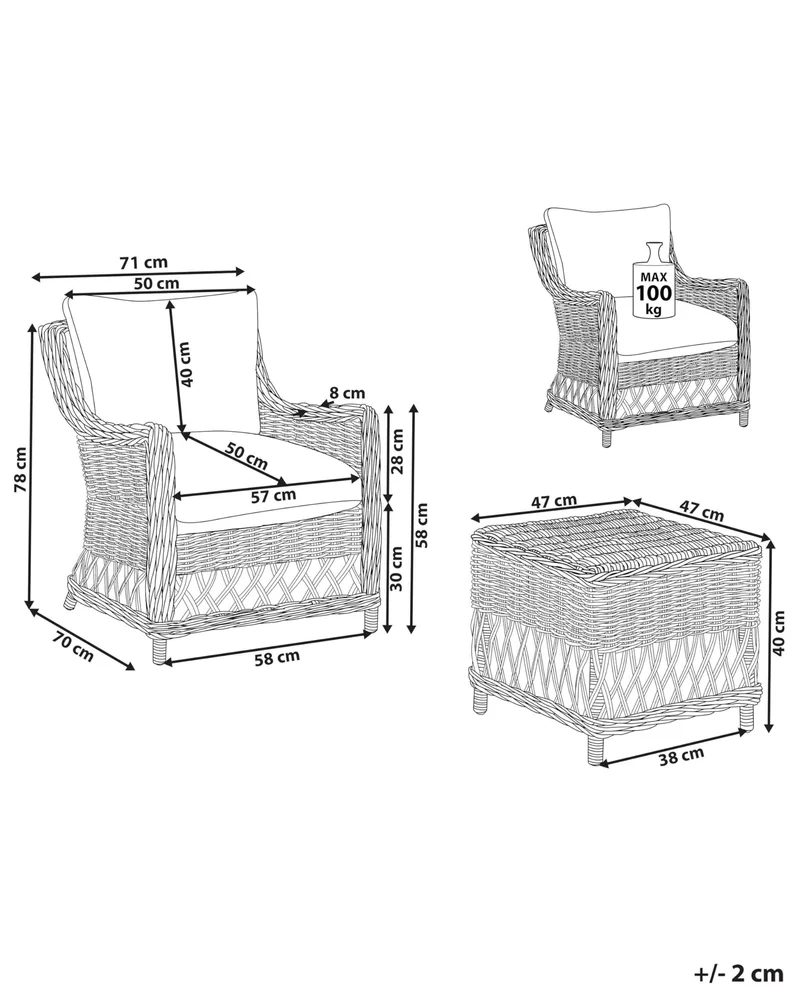 Beliani Fauteuil en Rotin Naturel pour Intérieur et Extérieur avec Repose-Pieds et Coussins Blanc-Cassé Ribolla