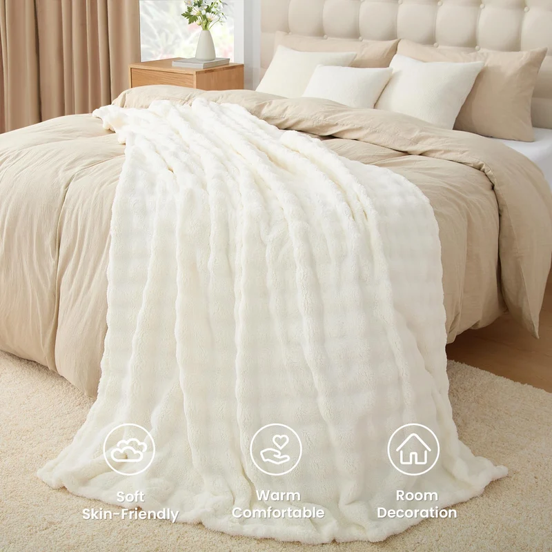 Topfinel Couverture Polaire Lit 1 Personne,Tissu à Bulles Doux, Couverture Cocooning et Chaude, Idéale pour l’Automne,Blanc,Oeko-TEX,1-130x150,Idéal pour Le Canape, La Voiture et Les Voyages
