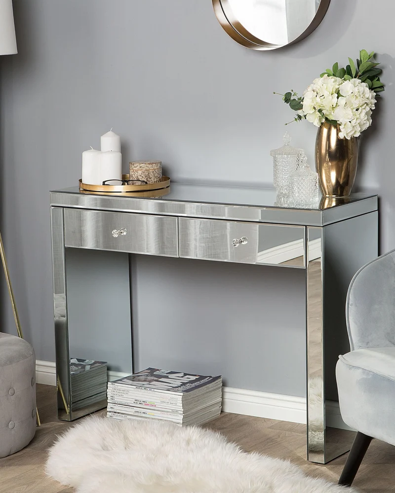 Beliani Table Coiffeuse Argentée Effet Miroir en Verre et MDF Console avec 2 Tiroirs au Design Moderne pour Intérieur Glamour