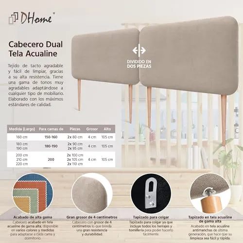 DHOME Tête de Lit Capitonnée Unie Arrondie en Tissu Aqualine avec Pieds pour Mur Têtes de Lit Acoustiques Absorbantes Tête de Lit Chambre à Coucher (Beige, 180cm Dual)