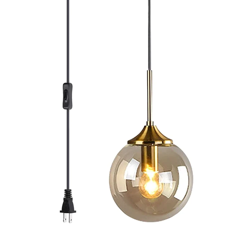 KCO Suspension moderne en forme de globe en verre avec abat-jour ambré et laiton doré pour cuisine, entrée, salle à manger (ambre)