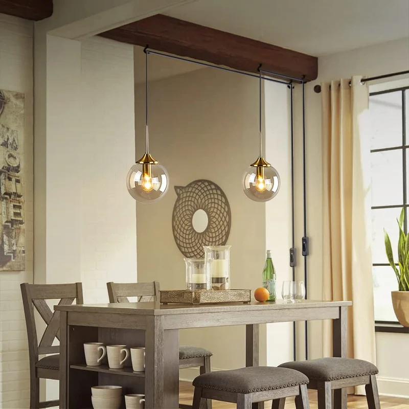 KCO Suspension moderne en forme de globe en verre avec abat-jour ambré et laiton doré pour cuisine, entrée, salle à manger (ambre)