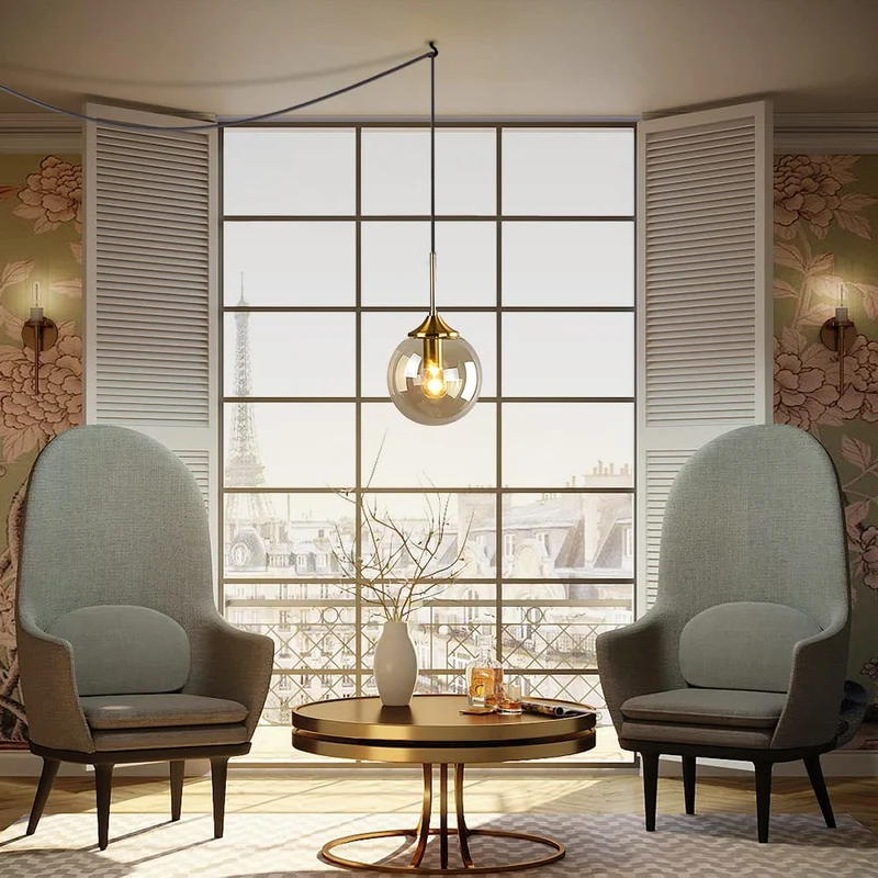 KCO Suspension moderne en forme de globe en verre avec abat-jour ambré et laiton doré pour cuisine, entrée, salle à manger (ambre)