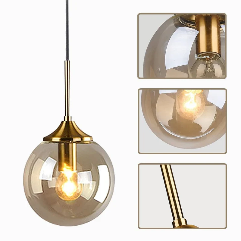 KCO Suspension moderne en forme de globe en verre avec abat-jour ambré et laiton doré pour cuisine, entrée, salle à manger (ambre)