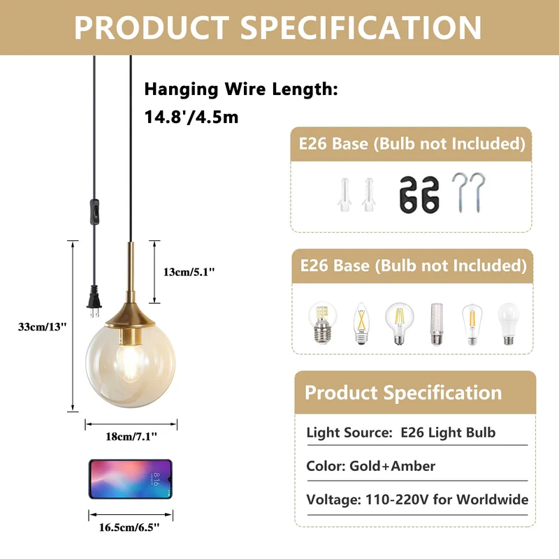 KCO Suspension moderne en forme de globe en verre avec abat-jour ambré et laiton doré pour cuisine, entrée, salle à manger (ambre)