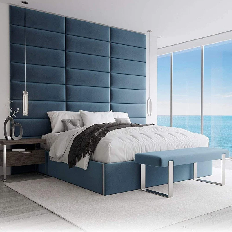 VANT Panneaux Muraux d'appoint Rembourrés - Paquet de 4 - Facile à Installer - Double Tête de lit King Size (En Velours Bleu Paon, 76cm de Large)