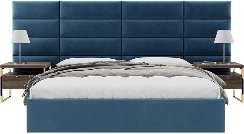 VANT Panneaux Muraux d'appoint Rembourrés - Paquet de 4 - Facile à Installer - Double Tête de lit King Size (En Velours Bleu Paon, 76cm de Large)