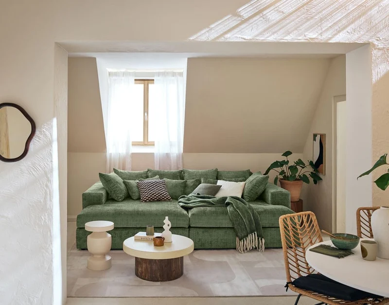 Lisa Design - Collins - canapé Droit 4 Places avec Double méridienne - Assise Profonde - en Velours texturé, Vert