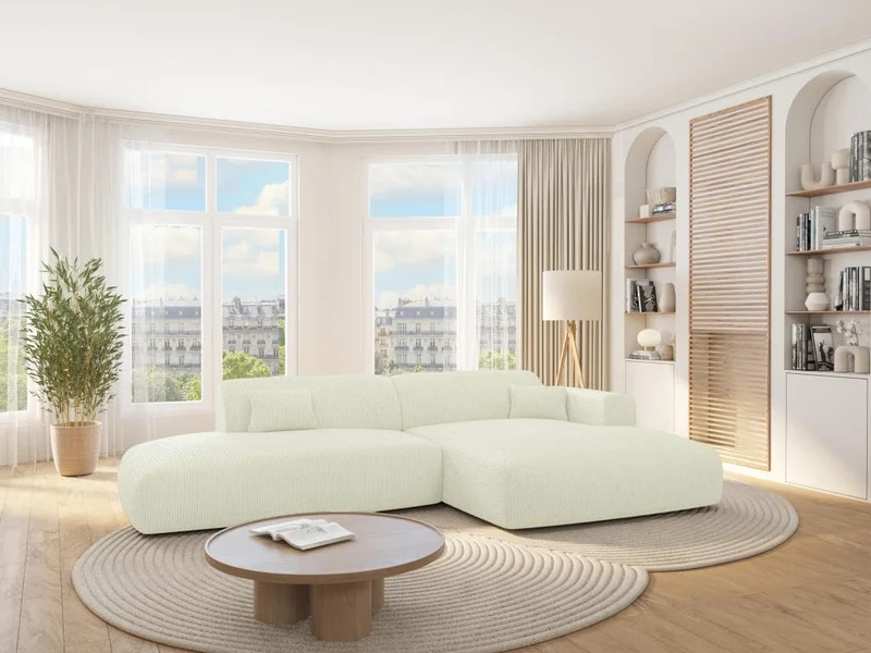Vente-unique - Canapé d'angle Droit Ouvert en Velours côtelé Fines côtes Blanc cassé POGNI de Maison Céphy