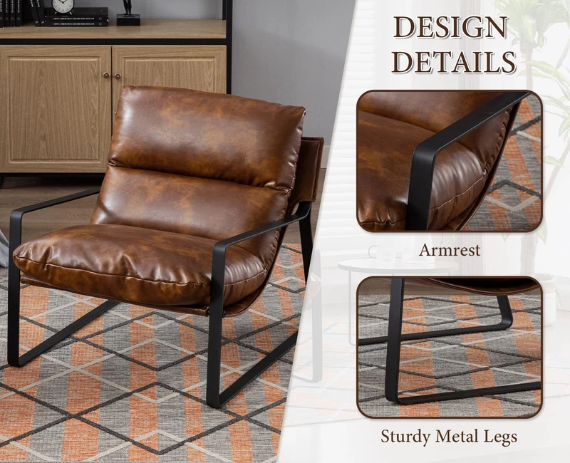 chairus Fauteuil de Loisirs en Cuir PU Modern Chaise de Relaxation pour Salon Fauteuil de Chambre avec Cadre en Métal (Marron)