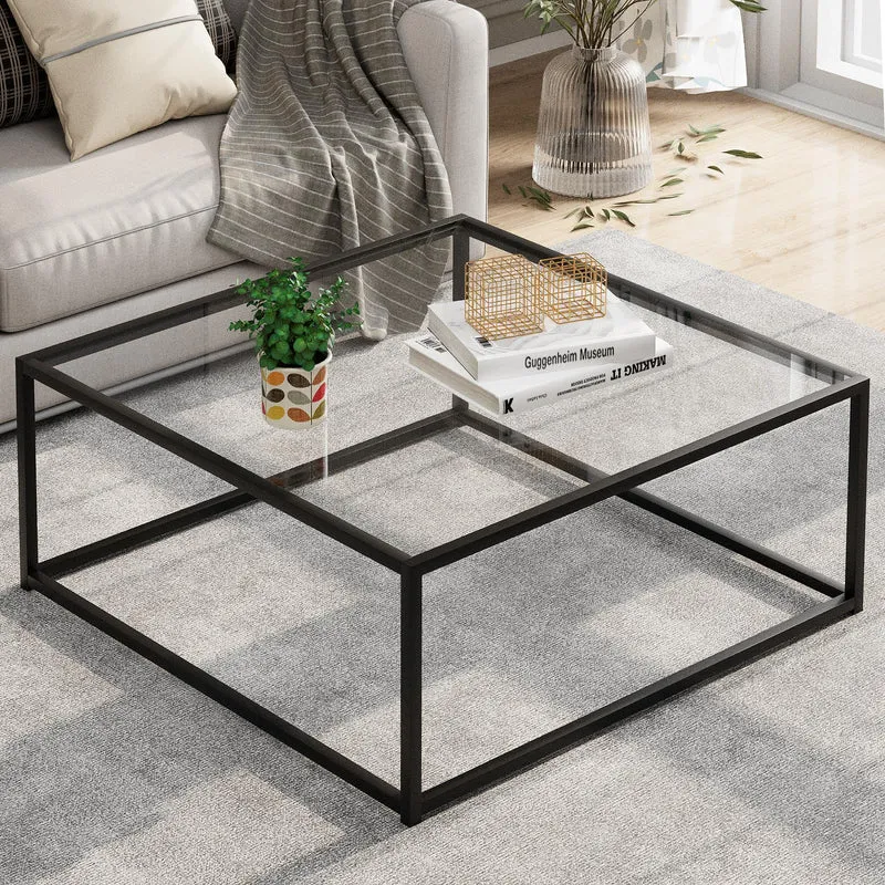 Table Basse Carrée en Verre Noir - Table d'Appoint Pour Salon, Bureau - Structure en Métal - 67 x 67 x 40 cm