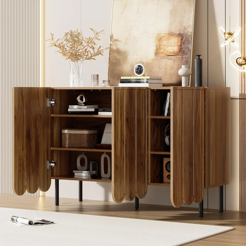 I0I&I0I Buffet moderne 120 x 35 x 80 cm, aspect bois, sans poignée, avec portes ondulées, étagères réglables, espace de rangement pour salon, couloir et salle à manger (noyer)