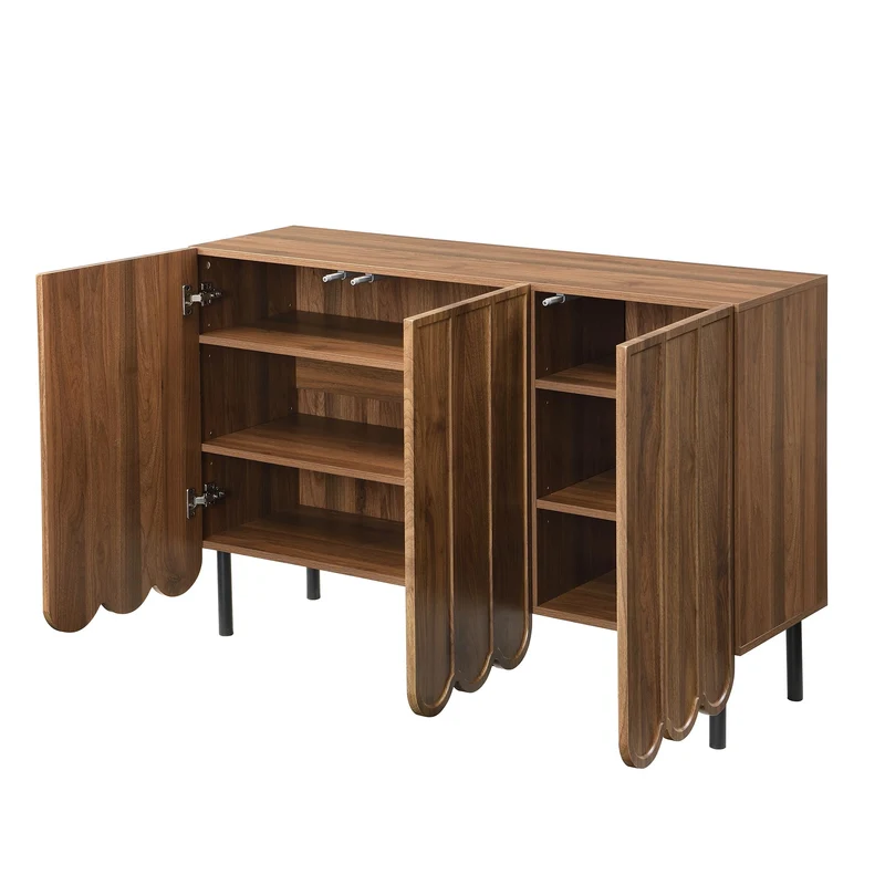 I0I&I0I Buffet moderne 120 x 35 x 80 cm, aspect bois, sans poignée, avec portes ondulées, étagères réglables, espace de rangement pour salon, couloir et salle à manger (noyer)