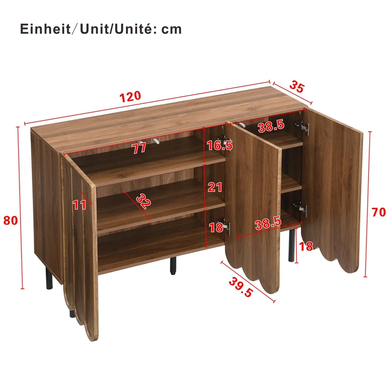 I0I&I0I Buffet moderne 120 x 35 x 80 cm, aspect bois, sans poignée, avec portes ondulées, étagères réglables, espace de rangement pour salon, couloir et salle à manger (noyer)