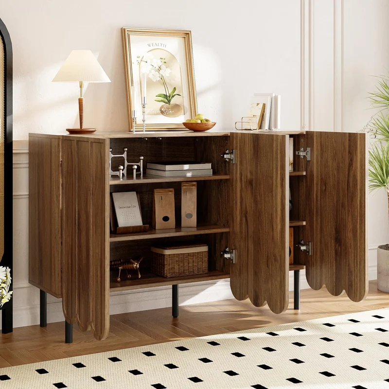 I0I&I0I Buffet moderne 120 x 35 x 80 cm, aspect bois, sans poignée, avec portes ondulées, étagères réglables, espace de rangement pour salon, couloir et salle à manger (noyer)