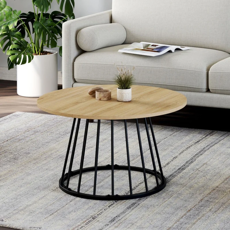 IDMarket - Table Basse Ronde Yuna 70 cm Plateau Bois et Pied Filaire en métal Noir